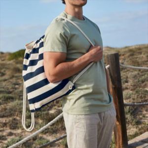 Cotton <b>Canvas</b> Striped Drawstring <b>Backpack</b> Custom Logo Durable Foldable Washable Reusable Casual Gymsack Unisex Travel Beach Bags - Product Image 5