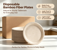 Assiettes en Fibre de Bambou Compostables (Lot de 50) – Plateaux Repas Résistants à l'Huile et aux Fuites, Adaptés au Micro-ondes – Idéales pour Fêtes, Mariages, Camping, Pique-niques