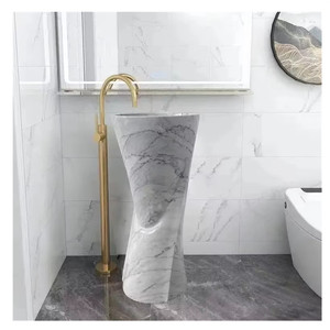 Piedistallo per lavabo a parete in marmo bianco di Carrara rettangolare moderno per alberghi con scolapiatti integrato - Product Image 4
