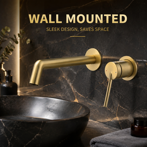 Rubinetto da Bagno a Parete in Ottone Spazzolato Oro, Miscelatore Monocomando a 2 Fori per Lavabo, Valvola in Ceramica Nascosta - Product Image 1