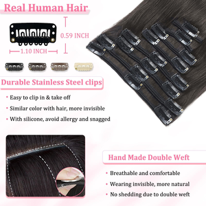 Extensiones de Cabello con Clip, Cabello Humano Real, Extensiones de Cabello Humano Virgen Liso con Clip para Mujer, 8 Piezas por Set con Doble Trama - Product Image 5