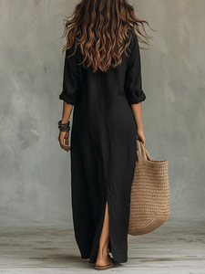 Vestido de Mujer para Primavera/Verano 2026, Estilo Europeo <span class=keywords><strong>y</strong></span> Americano, Color Sólido, Cuello con Abertura Frontal, <span class=keywords><strong>Falda</strong></span> Larga Informal Tipo <span class=keywords><strong>Camisa</strong></span> - Product Image 4