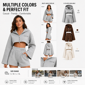 Ensemble deux pièces pour femme : Sweat à capuche court zippé et short taille haute imprimé en coton, coupe oversize, décontracté, respirant, léger - Product Image 2