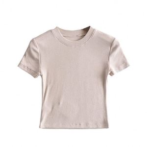 Haut côtelé moulant à manches courtes pour femme, col rond, coupe ajustée, basique, décontracté, pour le sport et le yoga - Product Image 4