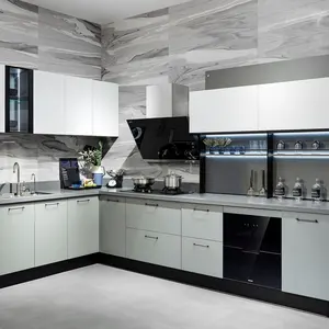 Pequena unidade moderna estilo nórdico luz colorida melamina laminado armários de cozinha