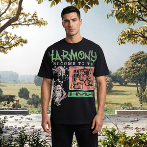 T-shirt pour homme en coton lourd surdimensionné noir, imprimé vintage, col rond, manches courtes, streetwear - Product Image 3