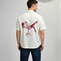 Chemises à boutons brodées à rayures blanches, manches courtes, col montant, style streetwear oversize, longueur courte, t-shirts respirants pour hommes
