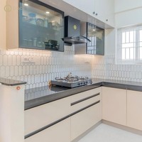 Set Perlengkapan Dapur Modular Manufaktur OEM, Kabinet Dapur, Meja Porselen dengan Lampu LED dan Rak Bumbu