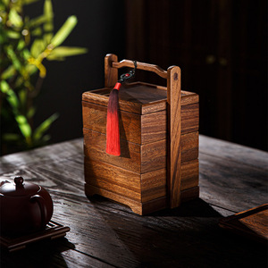 Panier rectangulaire en noyer à plusieurs niveaux, idéal pour les collations, style chinois, boîte de rangement pour cadeaux de mariage, thé - Product Image 1