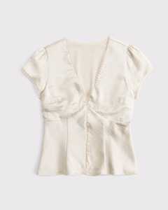 Blusa LEDUO de manga corta con cuello en V, estilo retro francés, elegante, con encaje y satén para mujer - Product Image 2