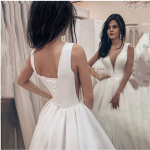 White Minimalist Satin V-Neck A-Line Wedding Dress Natural Waist Simple Solid Color Elegant Bridal Gown - Product Image 2