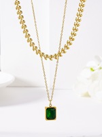 Collar de cadena de espiga cuadrada de circonita cúbica (CZ) para mujer, doble capa, de acero inoxidable, con esmeralda, ideal para regalo, venta al por mayor