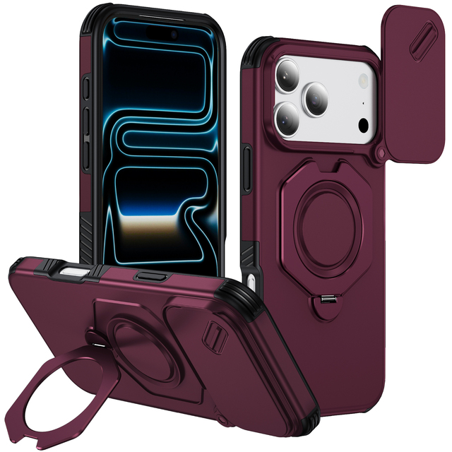 Shockproof Armor Phone Case for iPhone 18 Pro/18 Pro Max with Slide Camera Lens Cover Magnetic Ring Kickstand Case