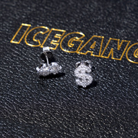 Boucles d'oreilles clous géométriques en forme de dollar entièrement serties de strass luxueux pour hommes, bijoux tendance en cuivre unisexe pour fêtes avec micro-inserts