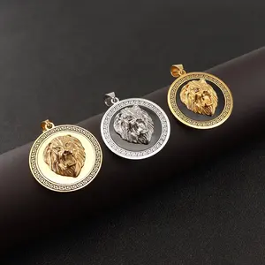 Men Gold Plated 18K Stainless Steel Jewelry Sword Lion Head Engraved Coin Vintage Pendant 18K Necklace