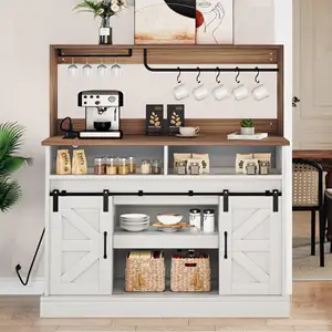 47" Farmhouse Sideboard Buffet Cabinet With Storage And Sliding Barn Door Goblet Holder And 5 Hooks Power Outlets