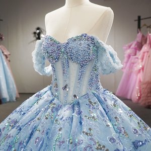 Robe de mariée artisanale Dy6926, luxueuse, à épaules dénudées, ornée de perles et de paillettes, robe de bal bleu ciel, Jancember - Product Image 4