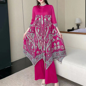 Nouvel ensemble coordonné 2 pièces automne à col montant plissé, style national, hauts floraux et pantalons larges, grande taille pour femme - Product Image 1