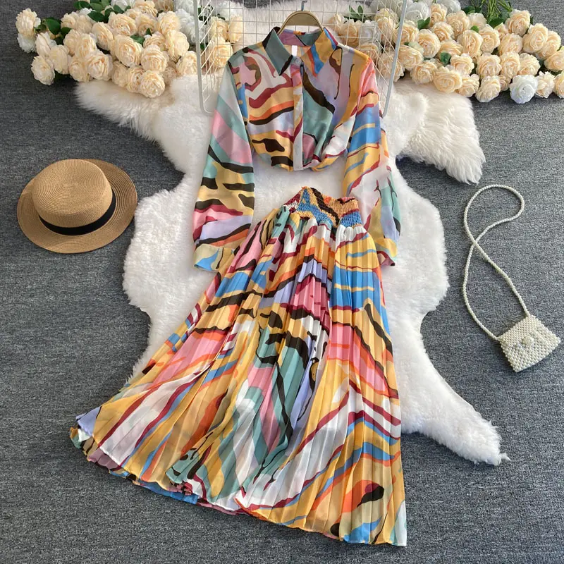 2022 Bohemian Style High Waist 2 Piece Set Chiffon Boho Summer Dresses Long Maxi Elegant Casual Dress Women Lady Elegant