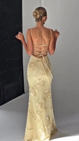 Chic Robes Longues Dos Nu Fleur Broderie 3D Robe de Soirée Licou Sexy Slim Coupe Sirène Élégante pour Femme