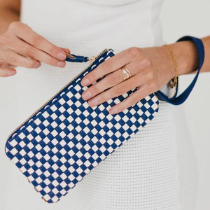 New Trendy Women PU Leather Woven <b>Clutch</b> <b>Navy</b> Checkered Vegan Leather Wristlet <b>Bags</b> - Product Image 1