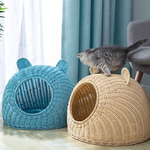Nette Katze Höhle Haustier Bett Haus Großhandel natürliche handgemachte gewebte blau und rosa atmungsaktive Handwäsche Katze Rattan Bett Haus - Product Image 4