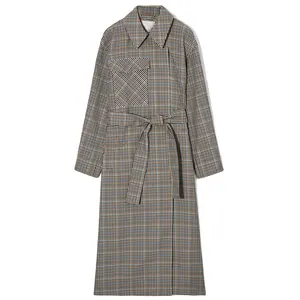 Trench-coat à carreaux classique boutonné de haute qualité personnalisé à la mode Manteau long pour femmes Vêtements pour femmes Vêtements d'hiver