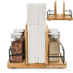 Solid Wood Spice Jar Holder With <b>Paper</b> Towel Rack Multifunction <b>Kitchen</b> Organizer For Seasoning Storage And Napkin Display - Product Image 5