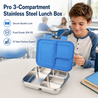 Boîte à lunch mignonne en acier inoxydable à 3 compartiments, conteneur alimentaire bento 304, silicone LFGB, grande taille 230 x 180 x 50 mm, étanche et compartimentée