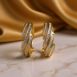 E4252 Gold <b>Hoop</b> <b>Earrings</b> With Baguette Cut Diamond Channel Setting Geometric Design Women's Luxury <b>Fine</b> Jewelry - Product Image 2