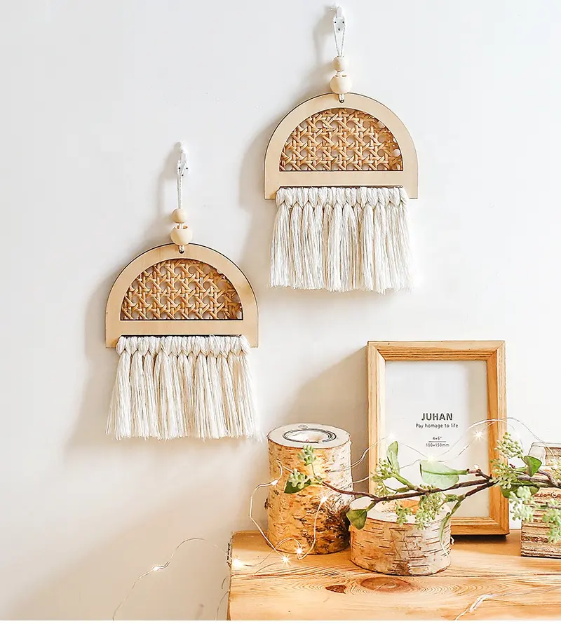 Nordic Macrame Katoenen Draad Hout Moom Hanger Bamboe Weefde Muur Opknoping Decor Kinderkamer Decoratie