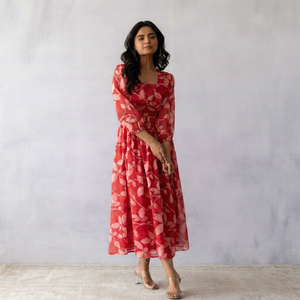 Vestido Midi de Gasa con Estampado Floral, Cuello Cuadrado, Manga Tres Cuartos, Corte en A, Holgado, Informal, Veraniego, Elegante para Mujer - Product Image 1
