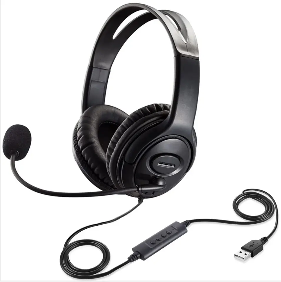 Wired Headset Headphones With Mic For Gaming Business Pc Online Study Noise Cancelling Isolation Usb Port Corded