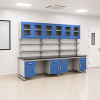 Banc de travail de laboratoire en bois et acier, structure en C, plan de travail en résine époxy, avec armoire latérale, sur mesure