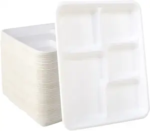 100% Compostable 5 תא צלחות חד פעמיות קני סוכר 10 אינץ פסולת בית ספר הצהריים מגש