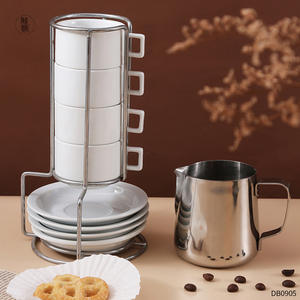 European Style Ceramic Coffee <b>Cup</b> <b>And</b> <b>Saucer</b> Set With Iron Stand 4 <b>Cups</b> 4 <b>Saucers</b> White Solid Color Afternoon <b>Tea</b> Use - Product Image 4