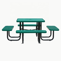 Mobilier d'extérieur commercial Table de pique-nique carrée en acier de 46 pouces avec banc Chaise de table à manger en métal pour l'extérieur Restaurant Jardin Patio