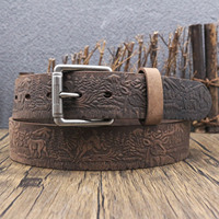 Ceinture en cuir pleine fleur gaufré motif cerf et forêt, style vintage, pour homme, en cuir véritable, idéale pour le western, la chasse et les jeans rétro
