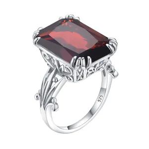 Vintage Garnet Festive Party Red Gemstone Fine Jewelri Wholesale Exquisite Flower silver ring women 925 sterling