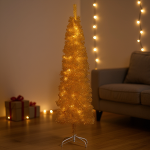 Albero di Natale Artificiale Sottile Dorato da 1,5 m con Supporto, Elegante Decorazione Natalizia per Interni - Product Image 2
