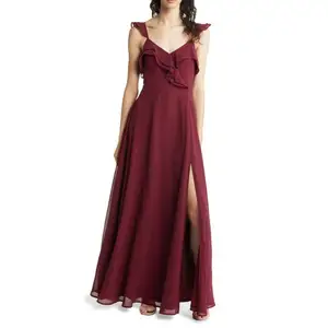 Latest Design Lady Cocktail Prom Night Long Gowns Elegant V Neck Sleeveless Lady Chiffon Maxi Red Evening Dress for Women