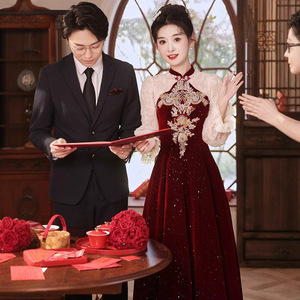 Chinese Style Cheongsam Toast Dress New Bridal Wedding Temperament High Autumn Winter Red <strong>Clothes</strong> Engagement - Product Image 5