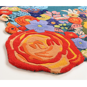 Tapis floral en laine fait à la main peluche douce multicolore vibrante avec des fleurs de jardin sarcelle épaisses durables sur un ensemble de fond irrégulier - Product Image 2