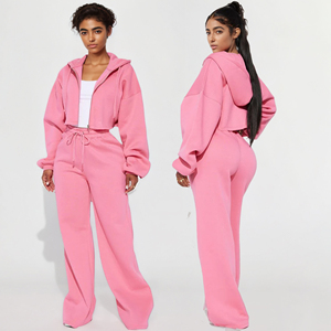 Conjuntos Deportivos de 2 Piezas para Mujer, Sudadera con Capucha Corta y Cremallera, Pantalones Deportivos, Estampado Personalizado de Alta Calidad, Bordado, Felpa Francesa de Algodón - Product Image 1