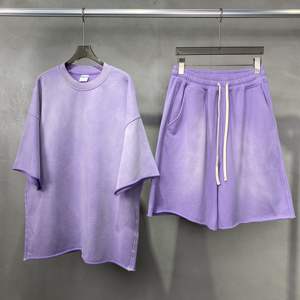 定制丝网印刷高品质男士法式毛圈布 100% 棉 T 恤和短裤套装 男士超大号 2 件套 纯色 T 恤套装 - Product Image 2