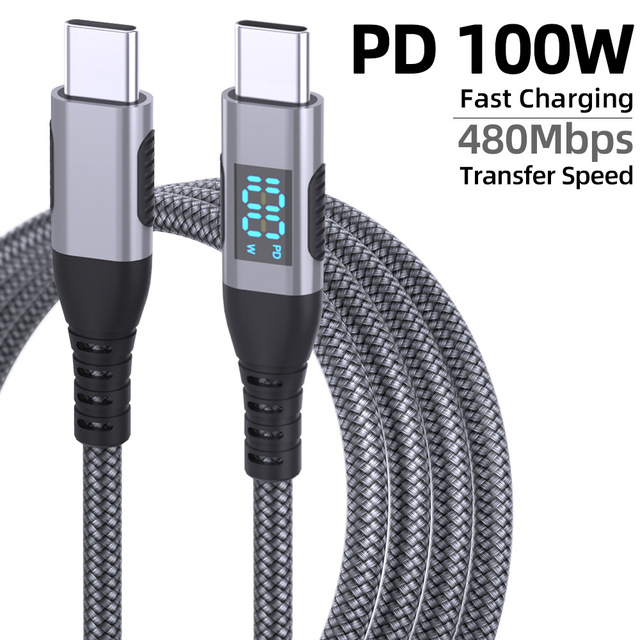 USB C Digital Display Super Fast Charge 60W 100W Quick Charger Cable for Notebook for Apple for Huawei Nylon Braid Shielding Com