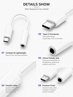 Adaptateur audio Type-C vers 3,5 mm femelle, câble convertisseur de prise casque Type-C pour smartphone, tablette, ordinateur portable, écouteurs, haut-parleur Hi-Fi