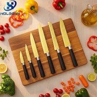 Ensemble de couteaux de cuisine de haute qualité, extra-affûtés, 5 pièces, en acier inoxydable plaqué titane doré, avec manche en PP noir, pour couper la viande