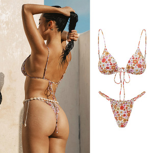 여성 섹시 수영복 프린트 삼각형 마이크로 스트링 탕가 비키니 세트 조절 가능한 하이컷 투피스 비치웨어 수영복 - Product Image 1