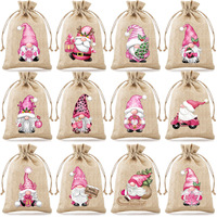 Lot de 12 sacs en lin à cordon de serrage pour Noël, imprimé gnome rose, ensemble de pochettes en jute pour emballages cadeaux et bonbons de Noël
